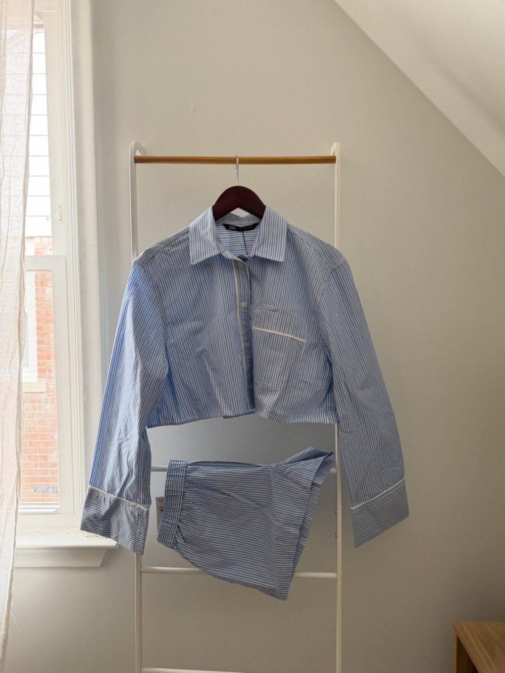 Zara Blue & White Striped Cropped Button-Down Shirt with matching shorts